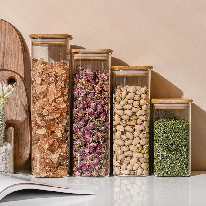 D2scrma 71oz Rectangle Airtight Glass Storage Containers with Bamboo Lids (Set of 4), Square Food Storage Jar, Pantry Organizers for Sugar, Flour, Spaghetti and Coffee beans (‎with Black Lable)