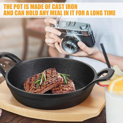 Sliner 4 Sets Mini Cast Iron Skillet Small Cast Iron Plates Skillet with Wooden Base Small Round Pan Fajita Plate Pot for Baking Cooking (8 Inches)