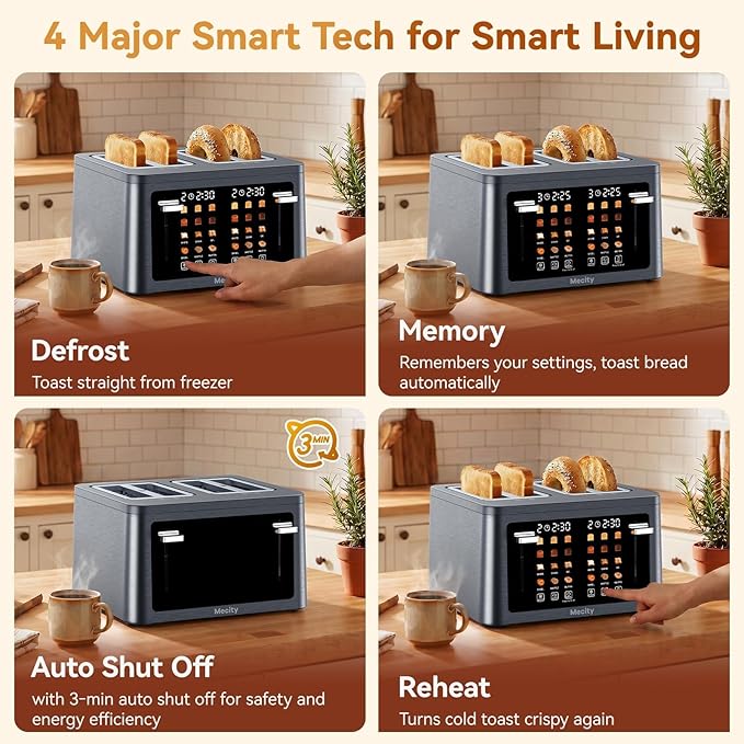 Mecity 4 Slice Touchscreen Toaster, 6 Bread Modes & 6 Browning Levels, Dual Touch Control Wide Slot Stainless Steel Electric Toaster with Memory, Defrost, 3-Min Auto Shutoff for White, Bagels, Waffles