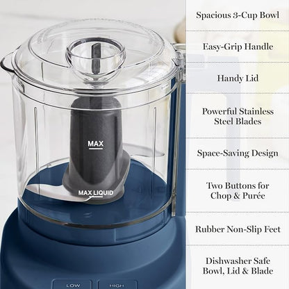 Martha Stewart 3 Cup Electric Food Chopper, Vegetable & Herb Mini Food Processor, 24oz BPA-Free Bowl, Stainless Steel Blades, Pour Spout, Dicing, Mincing, Chop & Puree, Dishwasher Safe, Indigo Blue
