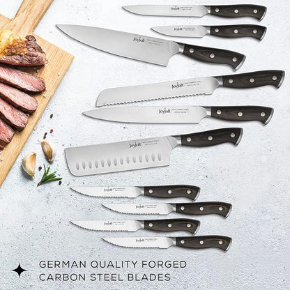 JoyJolt 11pc Kitchen Knife Set with Block. High Carbon, x50 German Steel Knives Set for Kitchen with Chef, Bread, Slicing, Nakiri, Utility, Paring and 4pc Steak Knife Set for Black Kitchen Decor