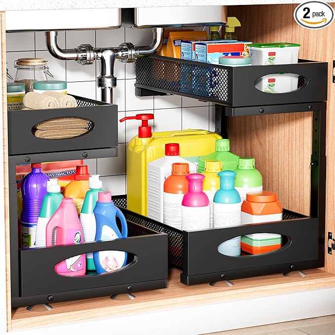 Under Sink Organizer, 2 Packs 2 Tier Under Sink Organizers and Storage, Slide Out Pull Out Cabinet Organizer Shelf, Metal Sliding Drawer for Kitchen Bathroom Pantry Cabinet Closet Organization Rack