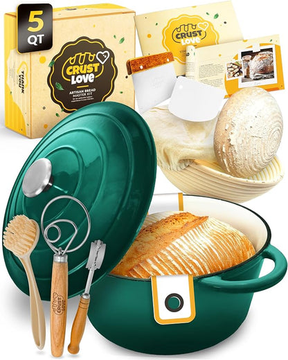 CRUSTLOVE Dutch Oven for Bread Baking - incl. Sourdough Bread-Baking Supplies like Banneton Bread-Proofing Basket - 5QT Enameled Cast Iron Bread-Oven with Lid, Baking Pan, Scoring Tool Lame