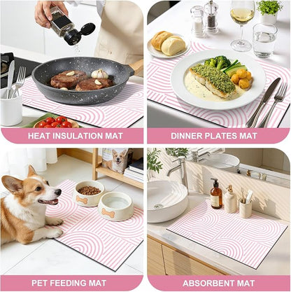 Findosom Dish Drying Mat, 12" x 20" Super Absorbent Dish Mat with Modern Geometric Striped, Hide Stain Drying Mat for Kitchen Counter, Under Dish Rack, Coffee Maker, Espresso Machine, Pink & White