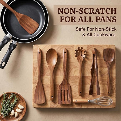 8 Pcs Wooden Kitchen Utensils Set, Natural Acacia Wood Utensils Set for Cooking, Durable Easy Clean Wooden Utensil Set with Acacia Wooden Spatulas and Spoons for Nonstick Cookware