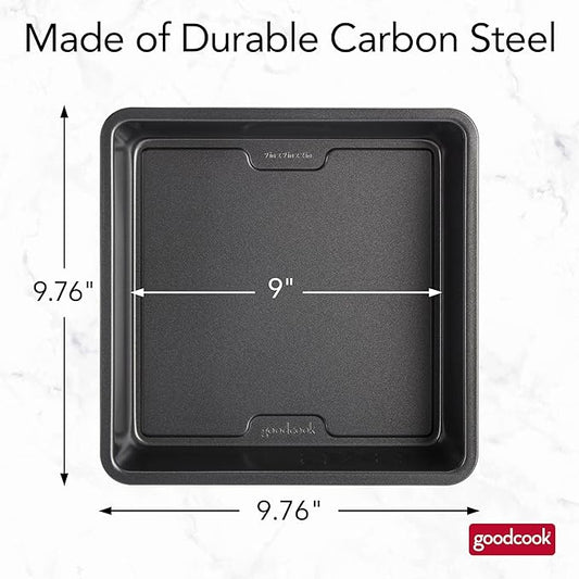 GoodCook PRO Square Cake Pan Nonstick Warp & Scratch-Resistant Dishwasher-Safe Carbon Steel Construction for Even Baking Oven Safe to 480°F, 9 x 9-Inch, Gray