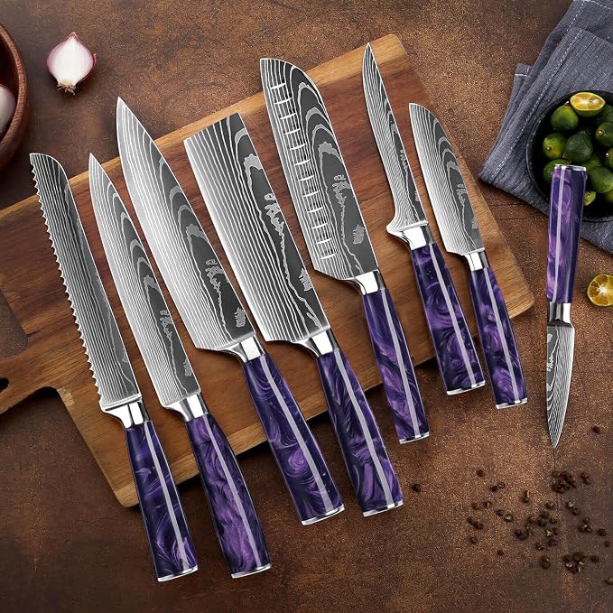 SENKEN 16-Piece Knife Block Set - Japanese High Carbon Stainless Steel with Damascus Pattern, Purple Resin Handles, 6 Steak Knives & Acacia Hardwood Block (Purple)