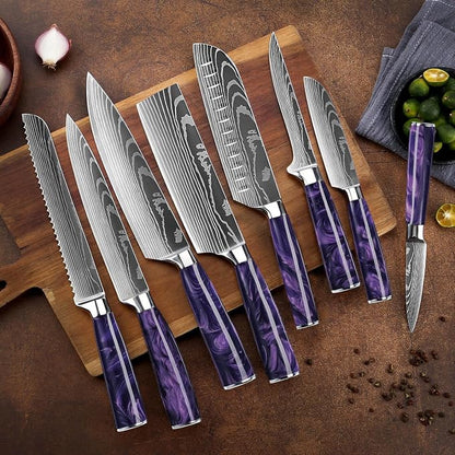 SENKEN 16-Piece Knife Block Set - Japanese High Carbon Stainless Steel with Damascus Pattern, Purple Resin Handles, 6 Steak Knives & Acacia Hardwood Block (Purple)