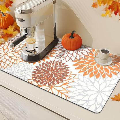 Findosom 2PCS 16" x 24" Fall Dish Drying Mat & 24" x 5.5" Sink Splash Guard, Super Absorbent & Cuttable Dish Mat Drying Kitchen Mat with Orange Floral, Hide Stain Drying Mat for Kitchen Counter