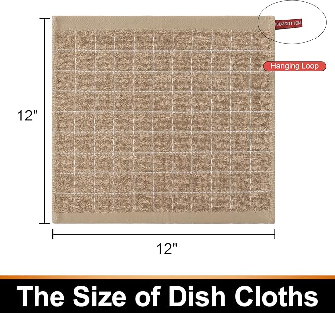 Mordimy 100% Cotton Terrycloth Kitchen Towels and Dishcloths Sets, Soft and Absorbent Checkered Dish Towels, Quick Drying Dish Rags for Washing Dishes, 4 Pack 16" x 26" & 4 Pack 12" x 12", Tan