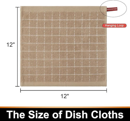 Mordimy 100% Cotton Terry Cloth Dish Cloths, Soft and Absorbent Checkered Dish Towels, Quick Drying Dish Rags for Washing Dishes, 12 Pack, 12 x 12 Inches, Tan