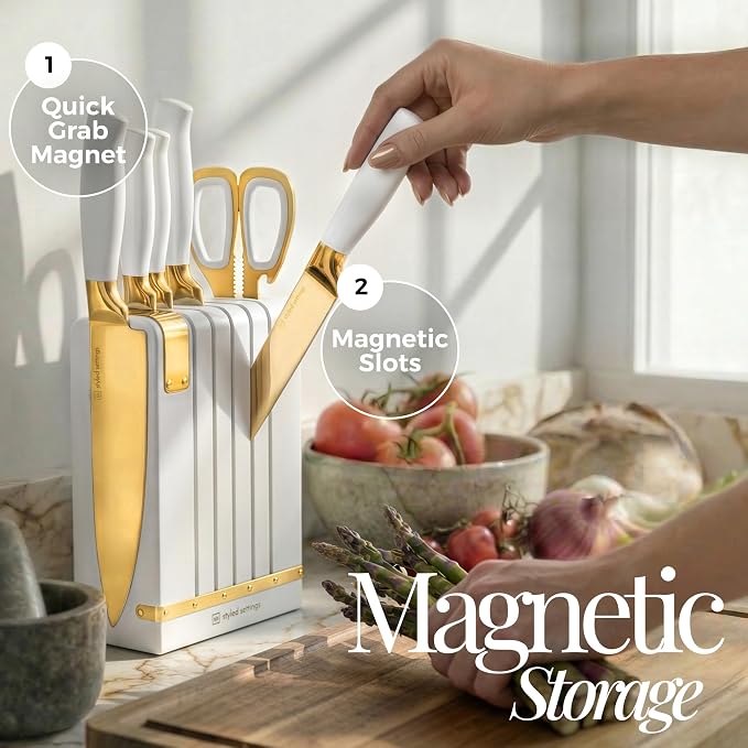 White and Gold Knife Set with Magnetic Knife Holder - Space Saving Convertible In Drawer Knife Set with Built In Sharpener, German Stainless Steel Kitchen Knives