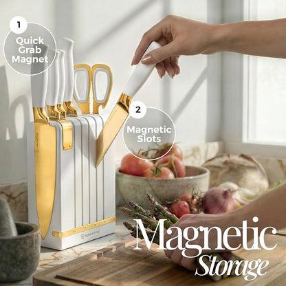 White and Gold Knife Set with Magnetic Knife Holder - Space Saving Convertible In Drawer Knife Set with Built In Sharpener, German Stainless Steel Kitchen Knives