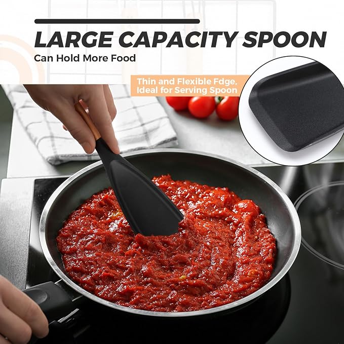 Reallnaive 4 Pack Cooking Spatula Spoon for Nonstick Cookware 12 Inch Silicone Multifunction Kitchen Spoon with Wood Handle for Cooking Serving Mixing Scoop and Scrape for Pots Pans Skillets (Black)