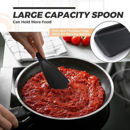Reallnaive 4 Pack Cooking Spatula Spoon for Nonstick Cookware 12 Inch Silicone Multifunction Kitchen Spoon with Wood Handle for Cooking Serving Mixing Scoop and Scrape for Pots Pans Skillets (Black)