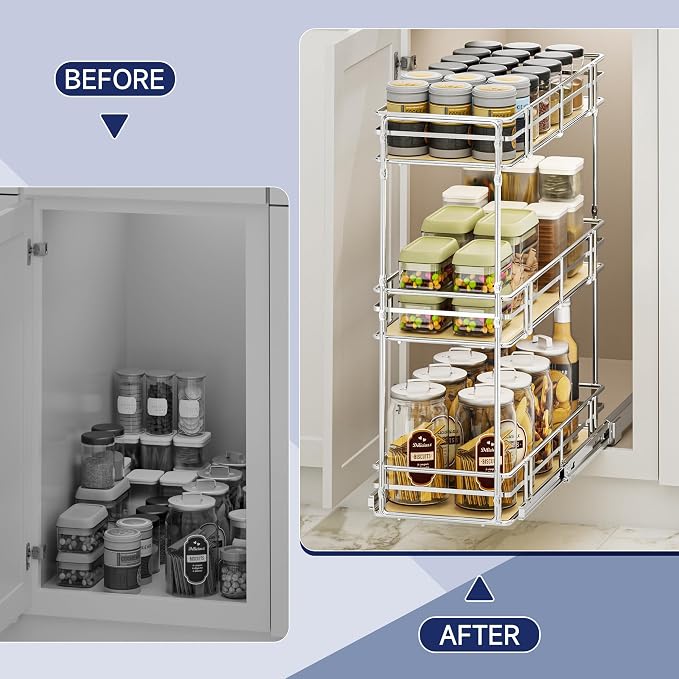 9" W x 20.5" D 3-Tier Pull Out Spice Rack Organizer, Solid Wood Base Slide Out Cabinet Shelf for Narrow Kitchen Cabinets, Chrome Pantry Storage