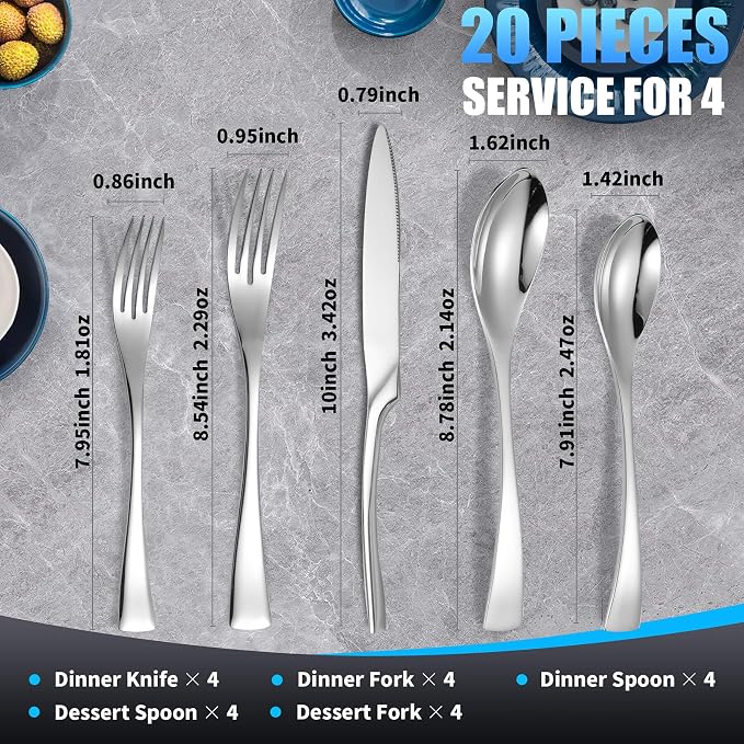 Lemeya 20 Pieces Silverware Set for 4,Heavy Duty 18/10 Stainless Steel Flatware Set with Forged Stand Knives,Modern Cutlery Utensil Set,Mirror Polished,Dishwasher Safe