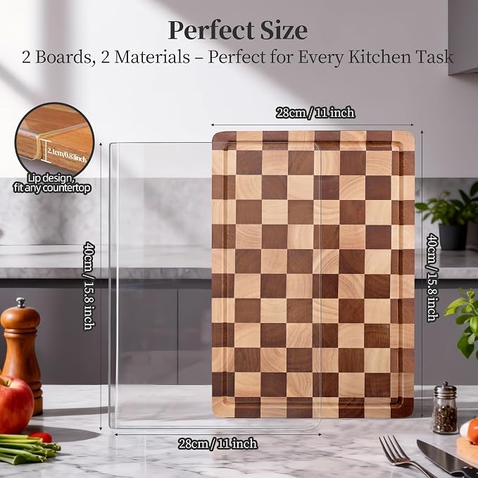 Checkered Cutting Board and Acrylic Cutting Board Set, 2 PCS Cutting Boards for Kitchen, Checkerboard Wood End Grain Chopping Board with Juice Groove & Acrylic Cooking Board with Counter Lip