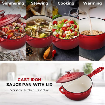 Onader Cast Iron Sauce Pan Pot, 3QT Small Saucepan with Lid, Enameled Cast Iron Dutch Oven Cooking Kitchen Pot, Nonstick & Heavy Duty – Red