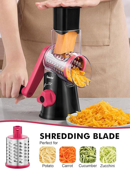Geedel Rotary Cheese Grater, Kitchen Mandoline Vegetable Slicer with 3 Interchangeable Blades, Easy to Clean Rotary Grater Slicer for Cheese, Vegetables, Nuts