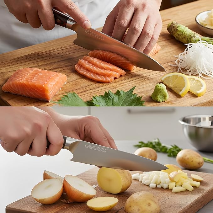 8 Inch Chef Knife with Innovative Safety Notch, Forged 5CR15MOV High Carbon Stainless Steel Kitchen Knife, Ultra Sharp Vegetable &Meat Cleaver with Ergonomic Wood Handle for Pro Chefs