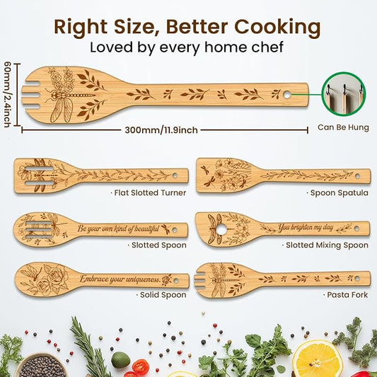 CUTHOLLOW 6PCS Dragonfly and Flower Wooden Kitchen Cooking Utensil Set, 11.9in Non Toxic Bamboo Wood Spoon Set for Cooking, Best Housewarming Birthday Thanksgiving Christmas Gift for Women Mother