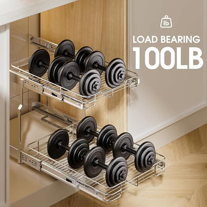 Delamu Pull Out Cabinet Organizer 2-Tier 14" W x 21" D Heavy Duty Chrome-Plated Slide Out Drawers, Kitchen Drawer Organizer Pull Out Shelves for Pots & Pans, Home Pantry Cans & Spices, Silver