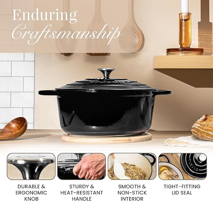 Cast Iron Dutch Oven with Lid - Non-Stick Ovenproof Enamelled Casserole Pot - Sturdy Dutch Oven Cookware - Black, 3.1-Quart, 22cm- by Nuovva