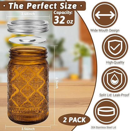 32 oz Amber Mason Jars with Stainless Steel Leakproof Lids, 2 Pack Wide Mouth Colored Glass Jars for DIY Crafts, Wedding Centerpieces, Home Decor, Flower Vase, Bathroom Storage