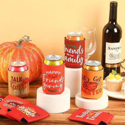 18 Pcs Friendsgiving Can Cooler Sleeves Fall Feast Beverage Covers for Thanksgiving Party Favors Beer Can Sleeves for Friendsgiving Gifts Decorations
