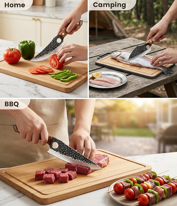 Newise 3-Piece Kitchen Knife Set, Chef Knife & Heavy Duty Meat Cleaver & Universal Chopping Knife, Japanese Steel with Beech Wood Handle, Essential Cutting Knives Set for Home Cooking
