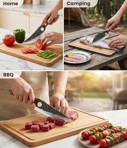 Newise 3-Piece Kitchen Knife Set, Chef Knife & Heavy Duty Meat Cleaver & Universal Chopping Knife, Japanese Steel with Beech Wood Handle, Essential Cutting Knives Set for Home Cooking