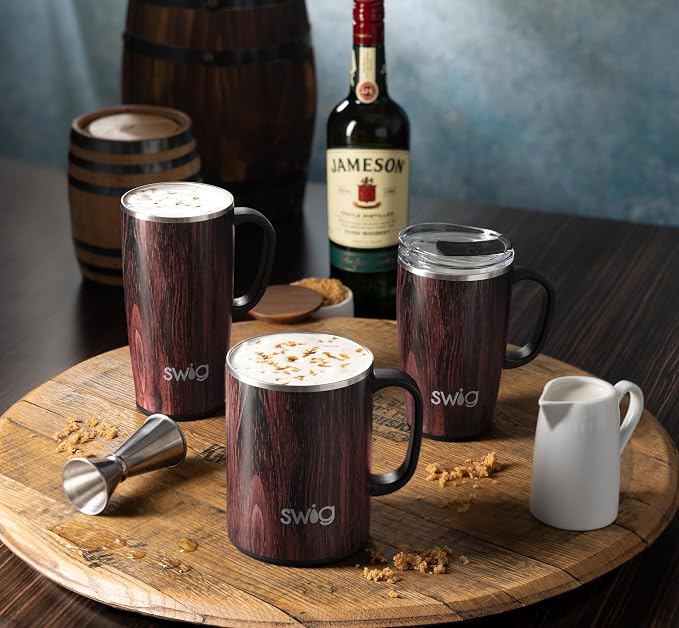 Swig Life 24oz Travel Mug, Insulated Tumbler with Handle and Lid, Travel Coffee Mug, Cup Holder Friendly Tumbler (Bourbon Barrell)