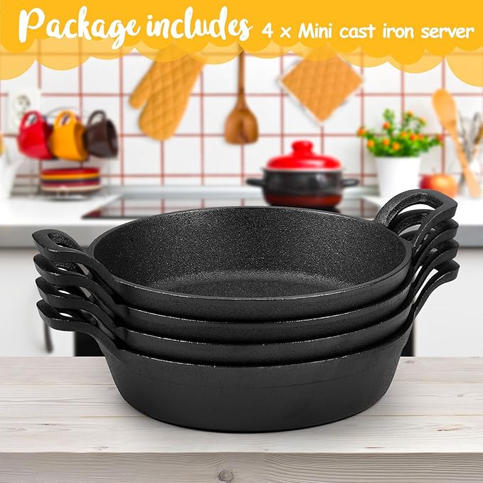 Ziliny Mini Cast Iron Skillets 7 x 7 x 1.7 Inch Cast Iron Pan Small Ramekin Set Black Casserole Dish Cookware Oven Safe Mini Skillets for Kitchen Indoor Outdoor Picnic (4 Pack)