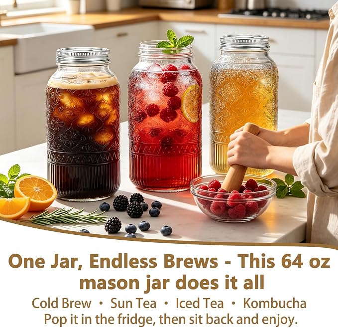 64oz Mason Jars Wide Mouth 1-Pack, Half Gallon Glass Canning Jars with Stainless Steel Airtight Lids, Large Glass Containers for Pantry Storage, Fermenting, Pickling, Cold Brew, DIY Projects