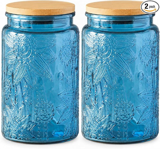 ANSQU Blue Glass Jars, 34oz Vintage Glass Kitchen Storage Counter Jar, Candy Jars with Lids, Decorative Mason Jars Hold Coffee Beans, Tea, Cookie, Sugar, Bath Salts (Blue, 2 Pack)