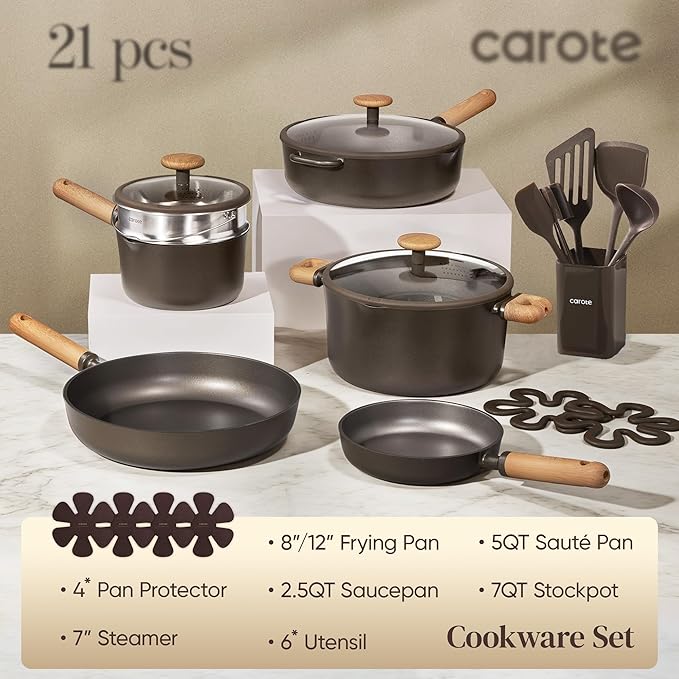 CAROTE Pots and Pans Set Non Stick, 21PCS Cookware Set with Strainer Lid, Induction Cooking Set with Kitchen Utensils, Dark Green