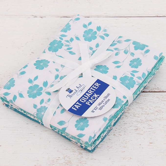Threadart Exclusive 5 Fat Quarter Bundles - Aqua Vintage Prints 100% Cotton Fabric - Premium 100% Cotton Quilting Fabric - No Duplicates - Full Size Fat Quarters 18"x21" - Aqua