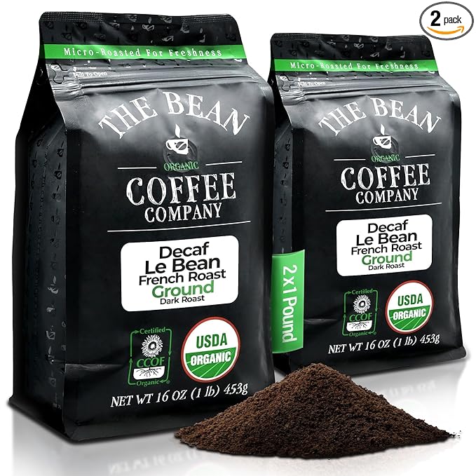 The Bean Organic Coffee Company Water Processed DECAF Le Bean, Dark French Roast, Ground Coffee, 16-Ounce Bags (Pack of 2), Café Molido Tostado Orgánico descafeinado