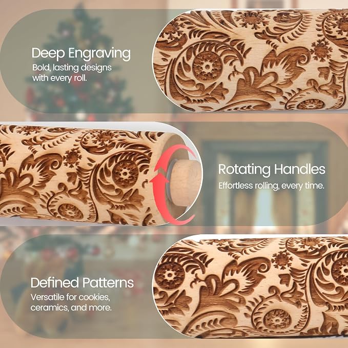 Christmas Embossed Rolling Pin for Baking Cookies Embossing Rolling Pins with Design Wooden Engraved Springerle Roller Pin Dough Snowflake Paisley Patterned Clay Pottery Ceramic Bakers (Floral Frost)