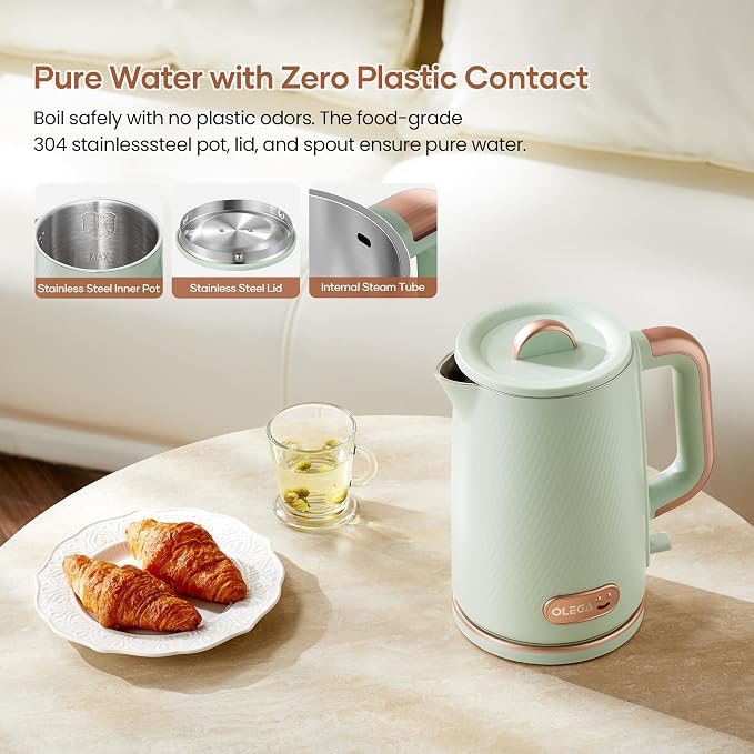 OLEGA Electric Kettle: 1200W Fast Boil Electric Water Kettles, 1.5L Double Wall Stainless Steel Tea Kettle, Auto Shut-Off, BPA-Free Hot Water Boiler Teapot for Coffee & Tea -Ligth Green