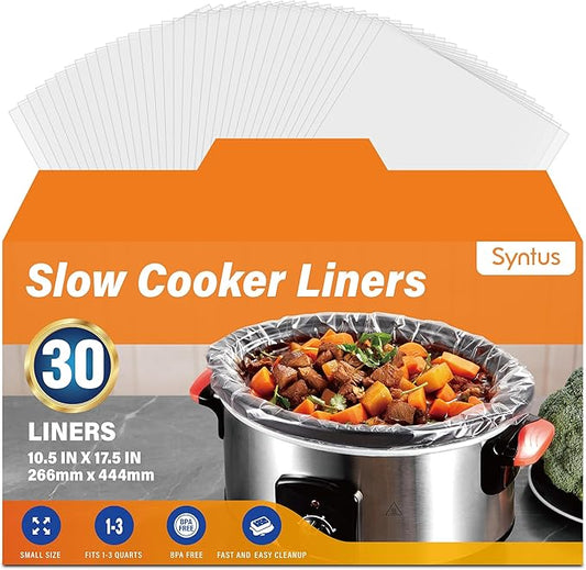 Syntus 30 Count Slow Cooker Liners, Small Size 10.5" x 17.5" Fits 1-3 Quart Pots BPA-free Disposable Cooking Bags Suitable for Oval & Round & Retangular Slow Cookers