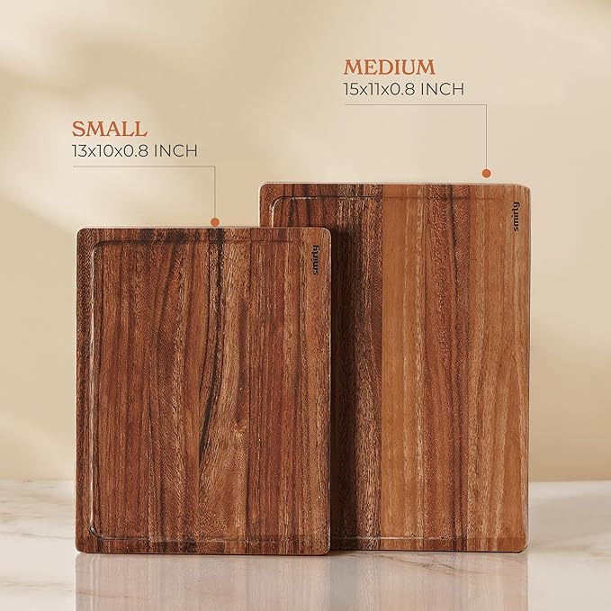 SMIRLY Wood Cutting Boards for Kitchen - Walnut Cutting Board with Handle and Juice Groove for Meal Prep, Serving, Charcuterie - Kitchen Gadgets, House Warming Gifts - Wooden Chopping Board Set of 2