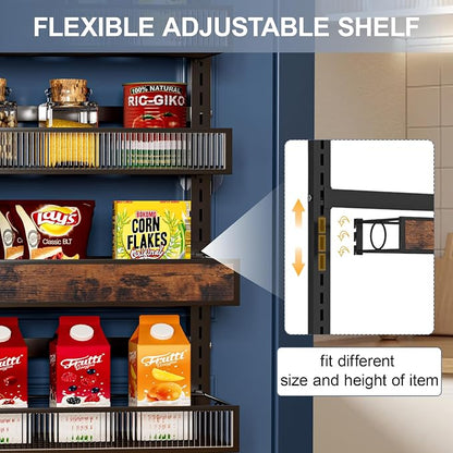 6 Tier Pantry Door Organizer Spice Rack, 2-IN-1 Wall Mount or Hanging Over Door Seasoning Organizer with Adjustable Baskets, Heavy Duty Behind Door Storage Shelves for Pantry, Cabinet and Kitchen