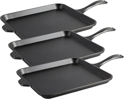 Lodge Seasoned Cast Iron Square Griddle - 11 Inches - Durable Pan - Cast Iron Cookware for Pancakes, Eggs, Bacon & Grilling Favorites (Pack of 3)