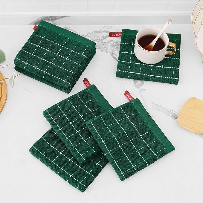 Mordimy 100% Cotton Terry Cloth Dish Cloths, Soft and Absorbent Checkered Dish Towels, Quick Drying Dish Rags for Washing Dishes, 6 Pack, 12 x 12 Inches, Dark Green