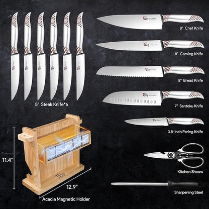 SYOKAMI Japanese Knives Set for Kitchen, Magnetic Knife Set with Block and Sharpener, Stainless Steel Knife Set as Gift for Couple, Wedding, Women or Mom with Gift Box, 14 PCS Red Dot