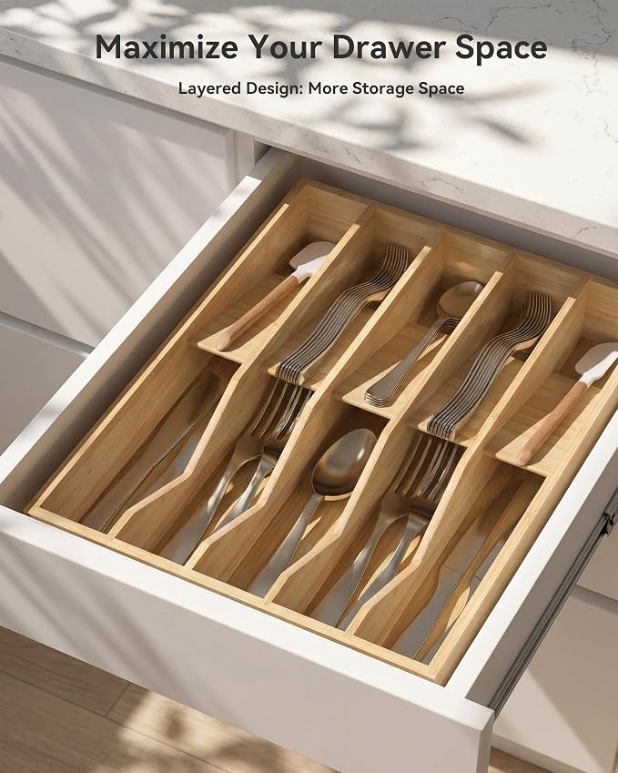 Utensil Drawer Organizer for Silverware,Bamboo 10 Slot | V-Groove & Anti-Slip Blocks, Vertical Storage,16" D x 12.3" W x 2.25" H, Cutlery Holder Dividers for Spoons Forks Knives