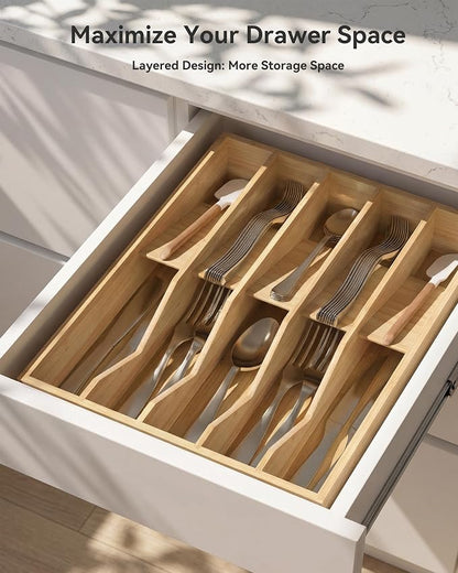 Utensil Drawer Organizer for Silverware,Bamboo 10 Slot | V-Groove & Anti-Slip Blocks, Vertical Storage,16" D x 12.3" W x 2.25" H, Cutlery Holder Dividers for Spoons Forks Knives