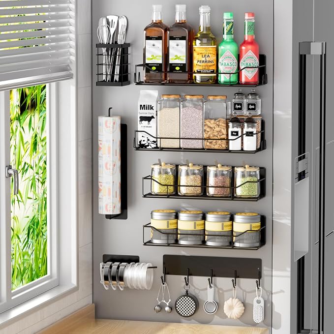Magnetic Spice Rack for Refrigerator,8 Pack Magnetic Fridge Shelf, Moveable Spice Organizer with Hook Rack, Paper Towel Holder, Utensil Holder,cup lid holder, Super Magnetic Rack Set (Black)